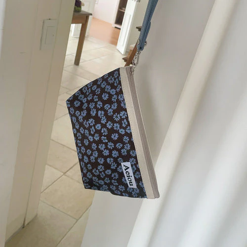 Aeiou Basic Pouch (L size) Blue Flower and Brown Corduroy - Image 3