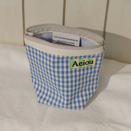Aeiou Basic Pouch (M size) (Stripe Label) Baby Blue Check - Image 3