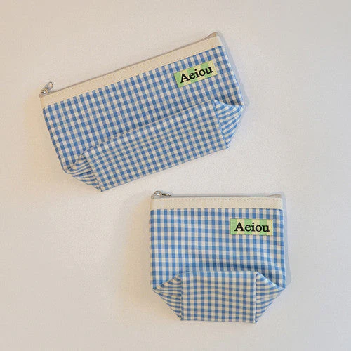 Aeiou Basic Pouch (M size) (Stripe Label) Baby Blue Check - Image 4