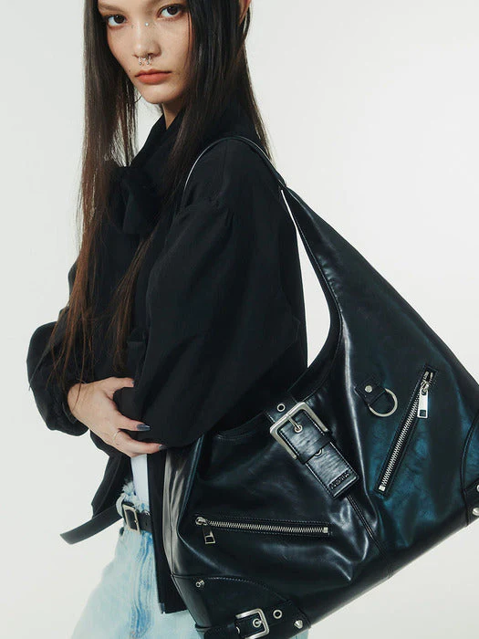 NOT KNOWING Black Moto Hobo Bag