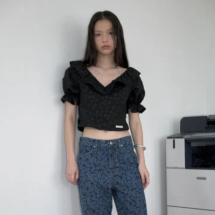 OVERDUE FLAIR RUFFLE JACQUARD BLOUSE 2 colors - Image 2